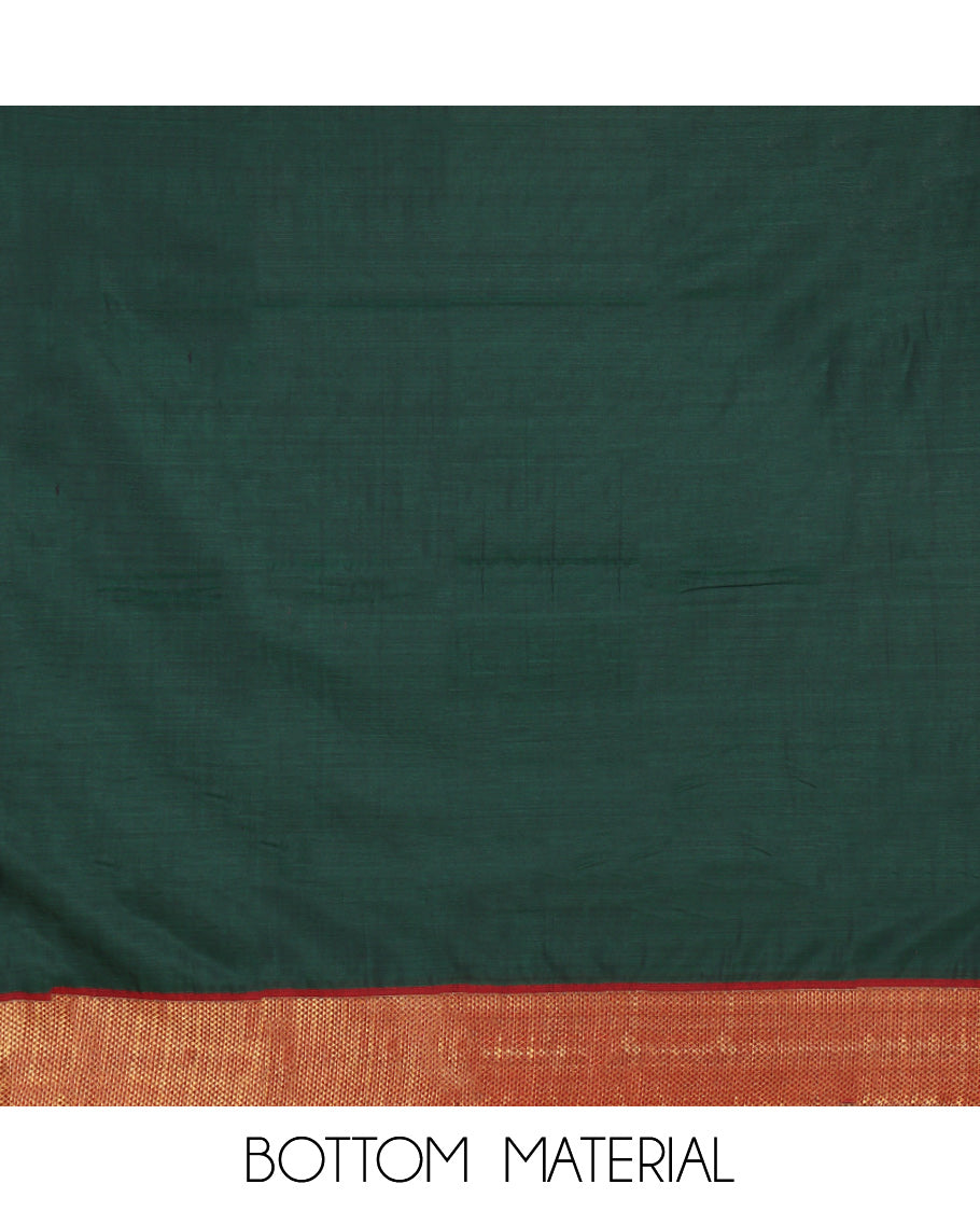Bottle Green Mercerised Cotton Material Churidar Set, Subtly Made with Plain and Traditional Ara Maadam Bordered Top, Comes with a Plain Mercerised Cotton Bottom, and Is Paired with a Mercerised Cotton Ara Maadam Woven Dupatta