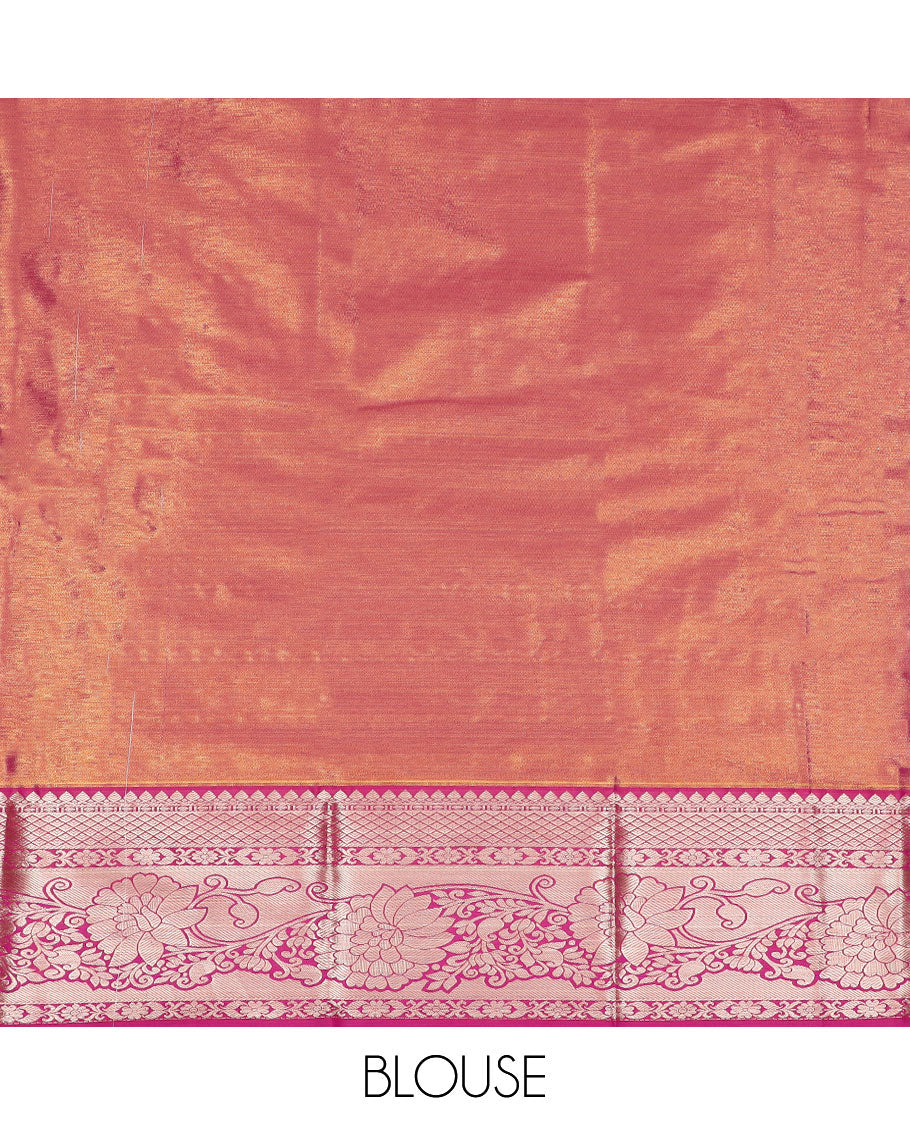 Green art silk pavadai set, zari design with contrast traditional zari bordered skirt and a contrast zari design blouse