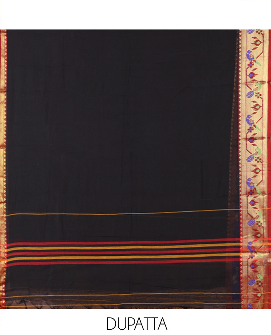 Black Mercerised Cotton Material Chudidar Set, Mesmerized with Paithani Bordered Top, a Mercerised Cotton Bottom, and Paired with a Matching Mercerised Cotton Paithani Bordered Dupatta