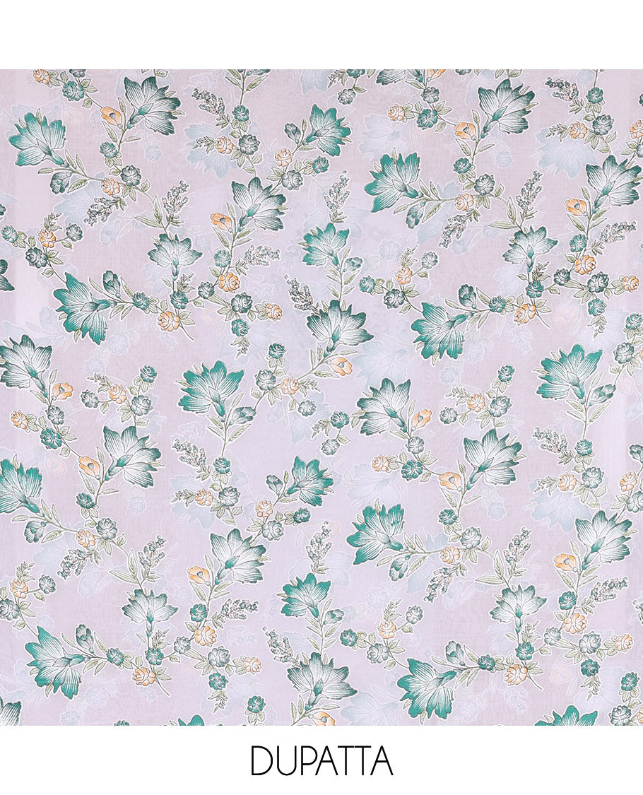 White-green material chudidar set, floral vine printed with orginal mirror work Vichitra silk top, a matching bottom, and a floral vine printed georgette dupatta