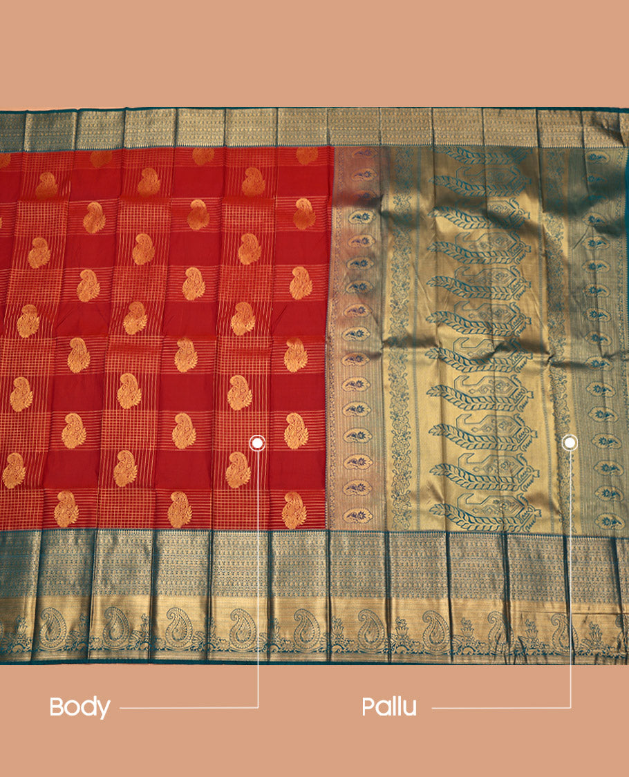 Rust Budget Silk Saree, Opulently Embellished with Zari Buttas and Stripes, Complemented by a Contrast Traditional Zari Border, Grand Pallu, and a Contrast Blouse