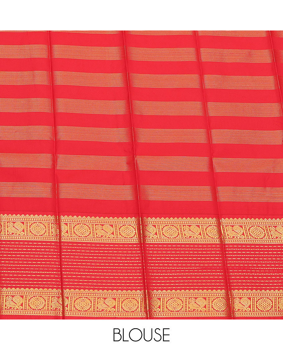 Royal Blue Budget Silk Saree, Elevated with Zari Buttas and Zari Stripes on Its Body, Complemented by a Contrast Traditional Zari Border of Peacock-Chakram Designs, Grand Jaal Pallu, and Paired with a Contrast Blouse