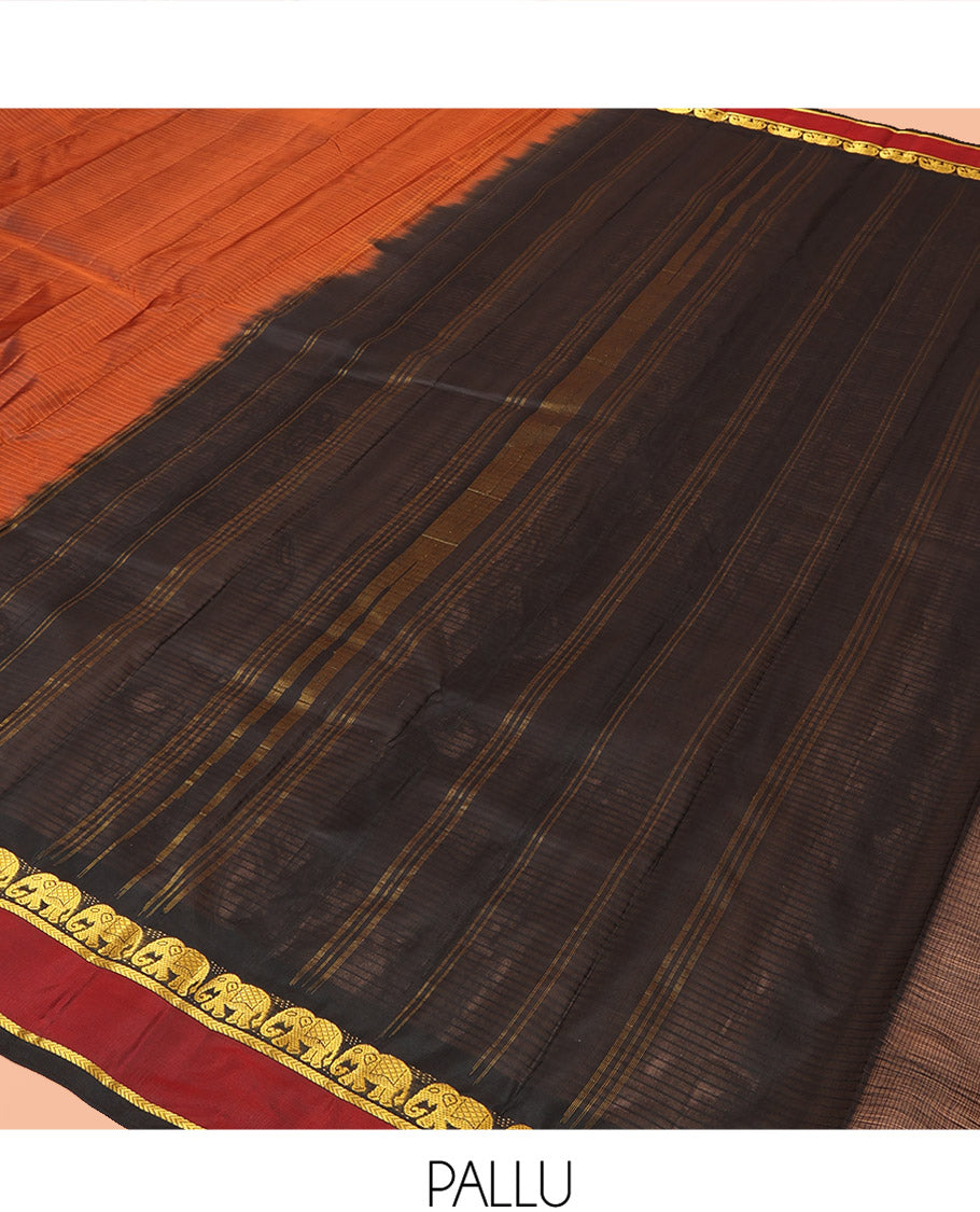 Rust Vazhaipoo Striped Kanchipuram Silk Saree, Complemented by a Contrast Rettai Pettu Border Featuring Yaanai, and Kathir Designs, Sparsely Zari Woven Pallu, and Paired with a Contrast Blouse