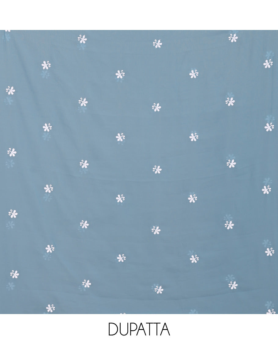 Ferozi Blue Material Chudidar Set Featuring Chikankari-Style Paisley Vine Design, Thread-Embroidered Georgette Top, Subtly Made Plain Santoon Material Bottom, and a Floral Motifs-Embroidered Georgette Scallop-Bordered Dupatta