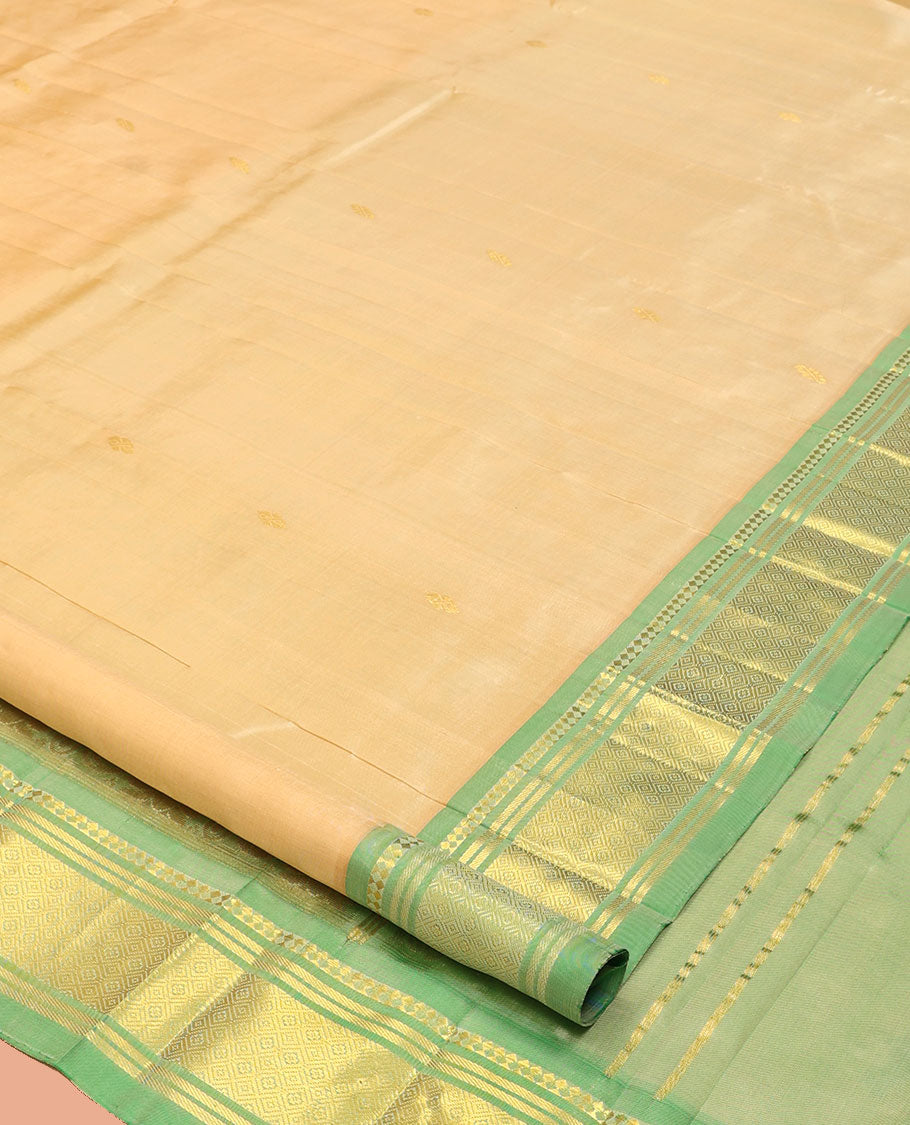 Sandal Kanchipuram Silk Saree Features Zari Buttas, a Contrast One-Sided Border of Paneer Sombu, Banaras, and Jaal Designs, Floral Design Pallu, and No Blouse