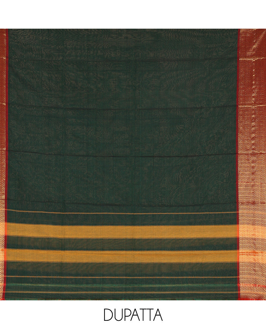 Bottle Green Mercerised Cotton Material Churidar Set, Subtly Made with Plain and Traditional Ara Maadam Bordered Top, Comes with a Plain Mercerised Cotton Bottom, and Is Paired with a Mercerised Cotton Ara Maadam Woven Dupatta