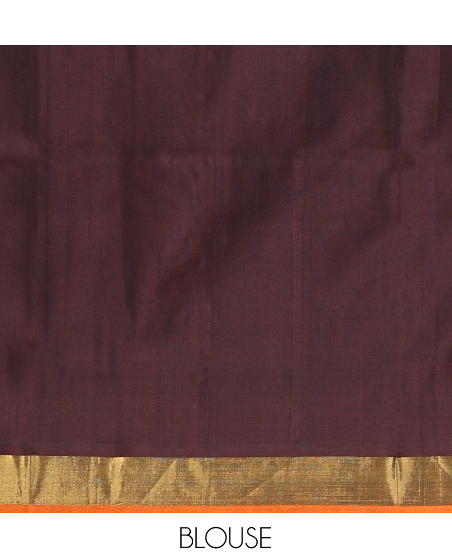 Brown Uppada Silk Saree, Decorated with Zari Buttas, a Contrast Bavanji Border, and Plain Blouse