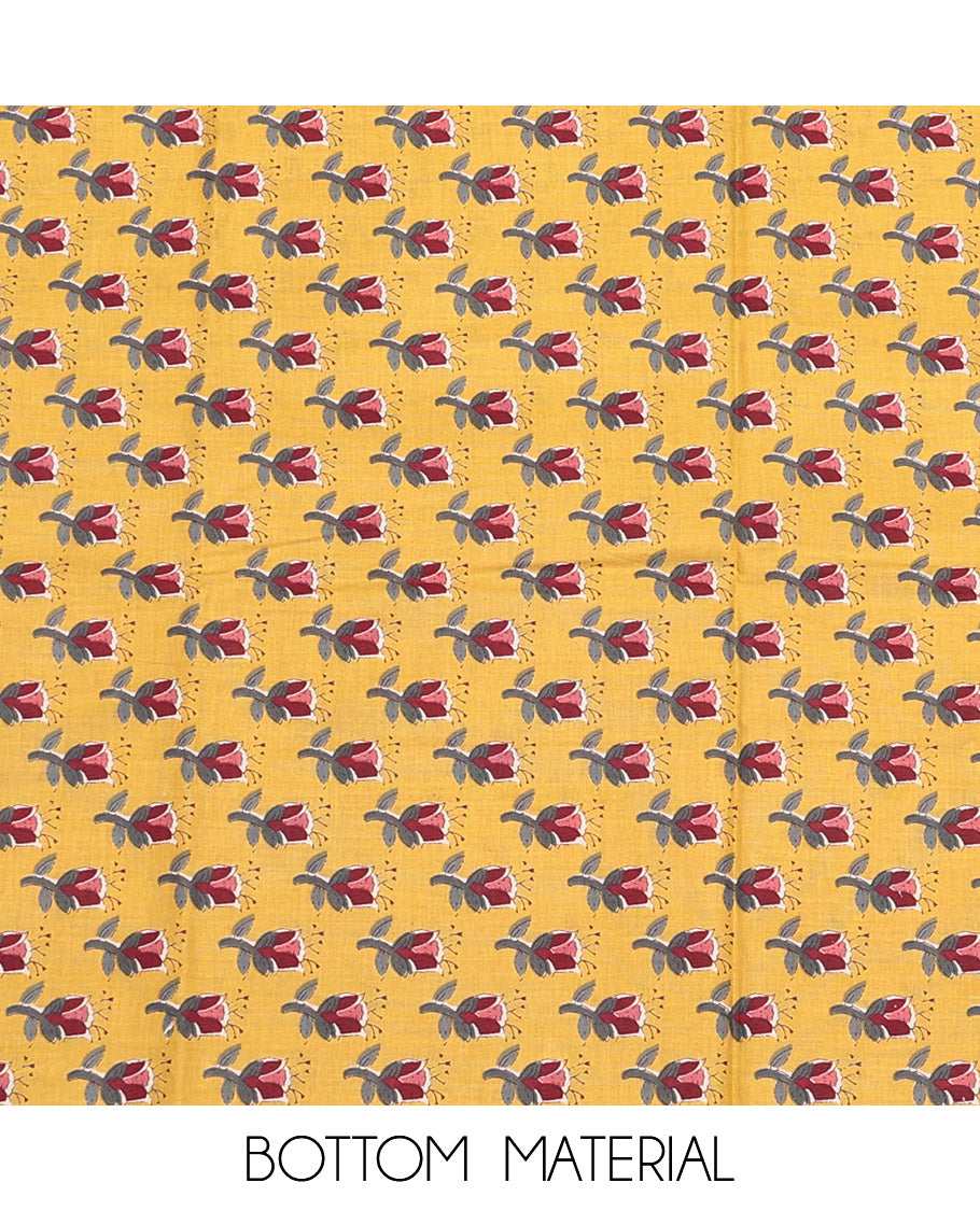 Yellow Cotton Material Churidar Set, Detailed with Floral Print and V-Neck Top, Floral Print Bottom, and Floral Print Dupatta