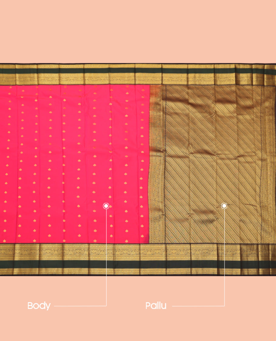 Pink Budget Silk Saree, Woven with Zari Buttas, Complemented by a Contrast Traditional Zari Rettai Pettu Border, Grand Pallu, and a Contrast Blouse