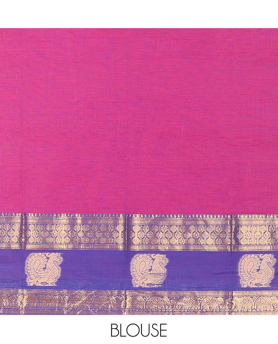 Magenta and Blue Sungudi Cotton Half-Saree Featuring Plain Skirt, Adorned with a Contrast Traditional Motifs Woven Zari Border of Annam Motifs, Paired with a Matching Blouse, and Contrast Syska Georgette Dhavani with Zari Border