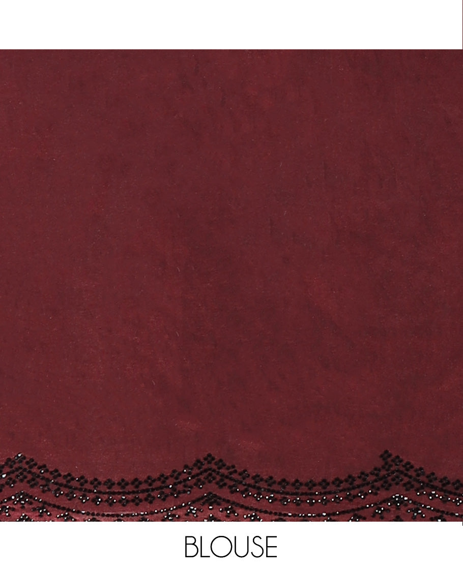 Maroon leaf motifs foil printed designer saree, scallop black micro-stone work border