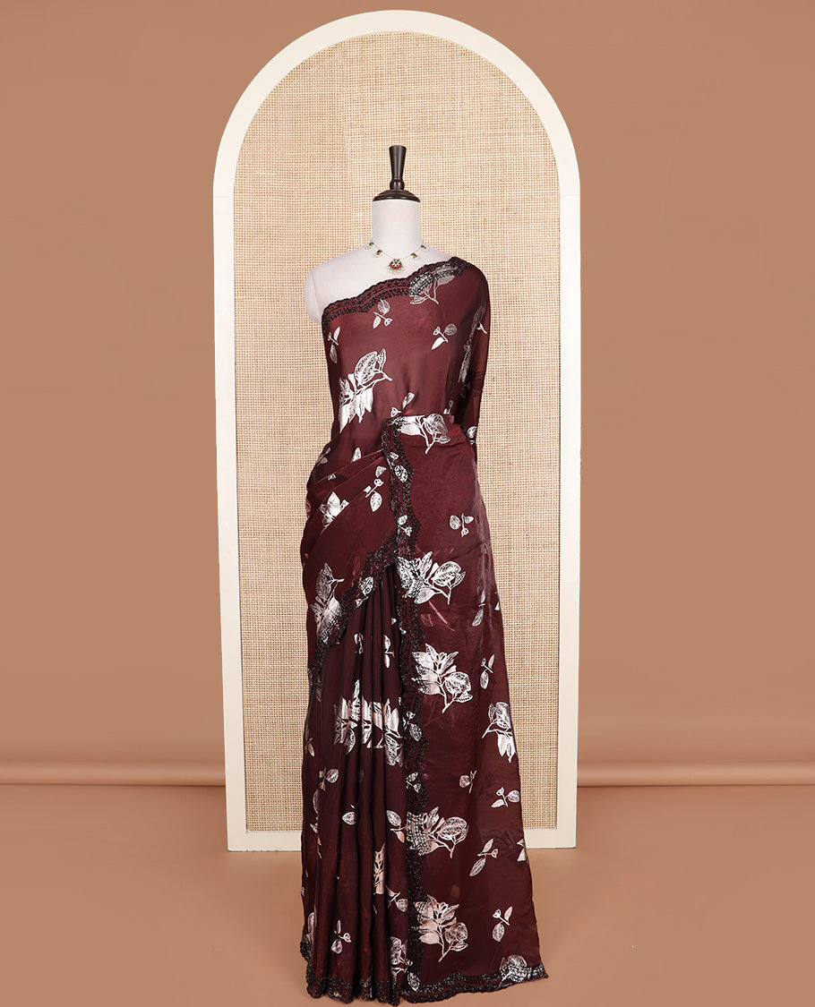 Maroon leaf motifs foil printed designer saree, scallop black micro-stone work border