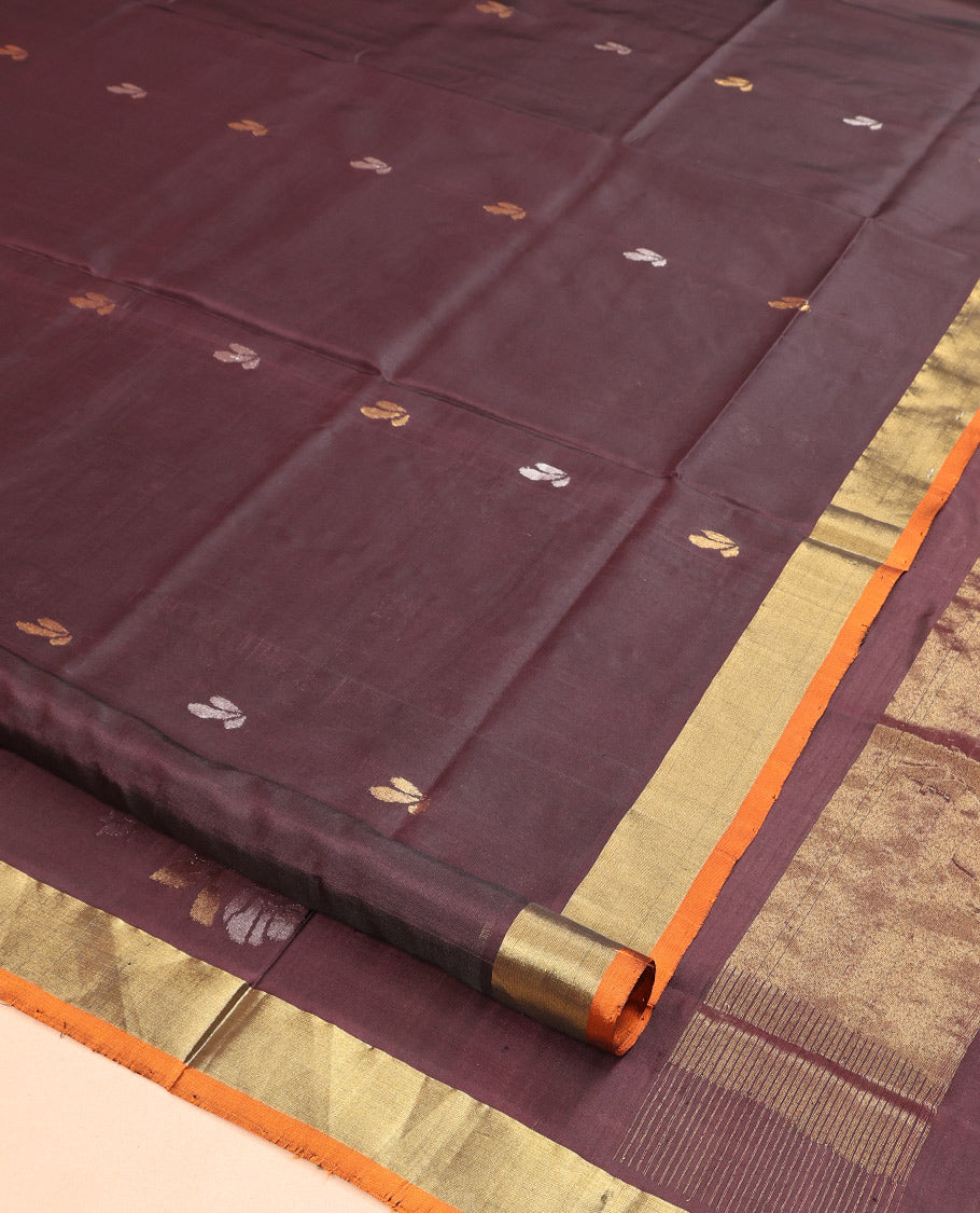 Brown Uppada Silk Saree, Decorated with Zari Buttas, a Contrast Bavanji Border, and Plain Blouse