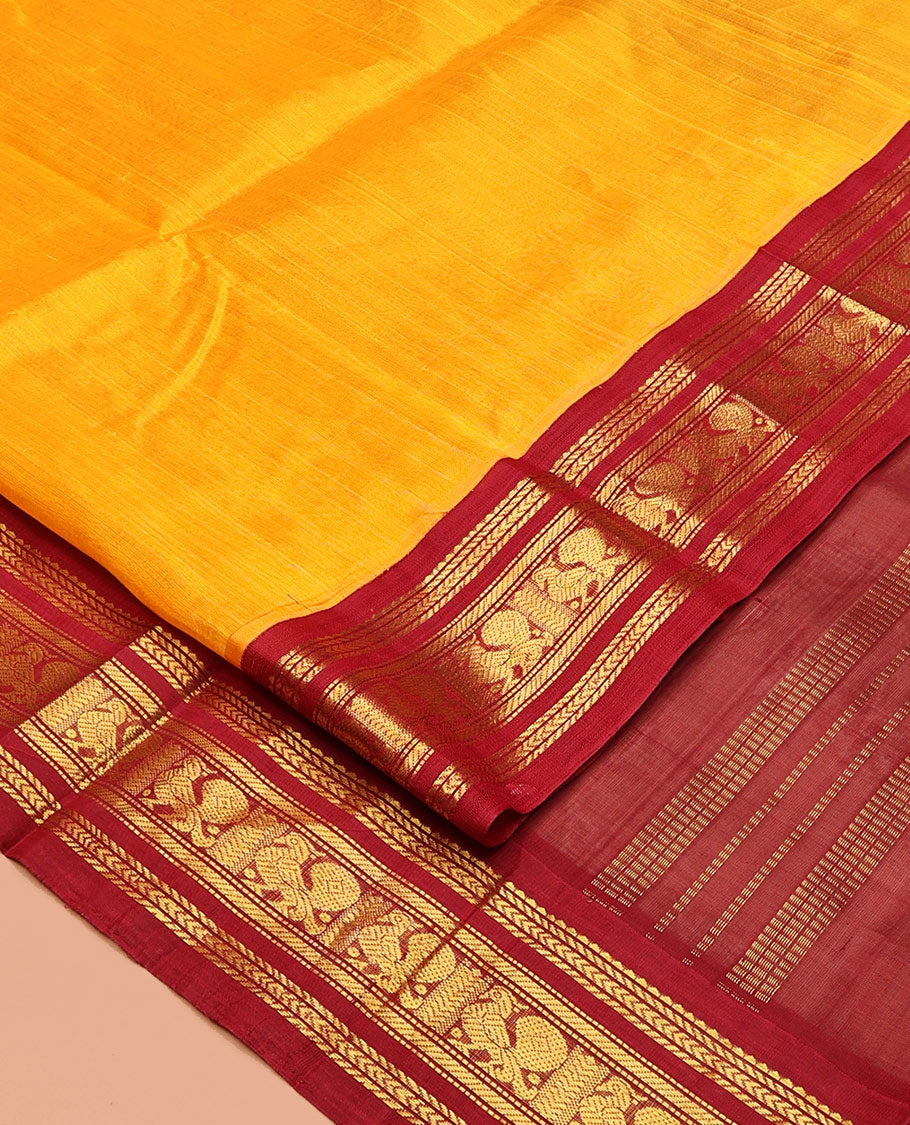 Yellow Plain Kuppadam Silk Saree, a Contrast Traditional Zari Border, Grand Pallu, a Contrast Blouse