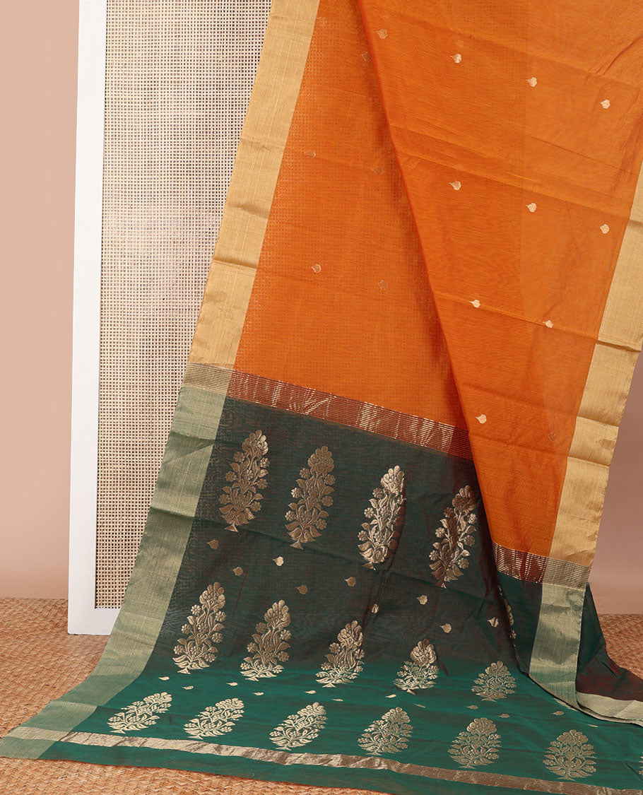 Orange leaf design chanderi cotton saree with self zari border & floral design pallu