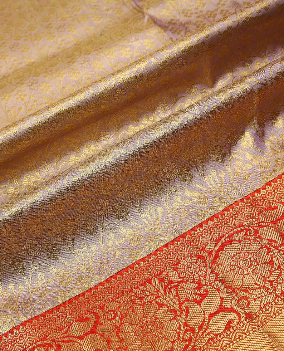 Grey pure silk half saree, floral vine jacquard, contarst jacquard blouse and border of thilakam, muthu, neli and kodi visiry, and jaal design dhavani