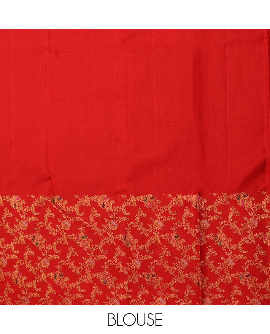 Cream embossed silk saree, contrast red border & pallu features meenakari resham thread woven floral jaal design
