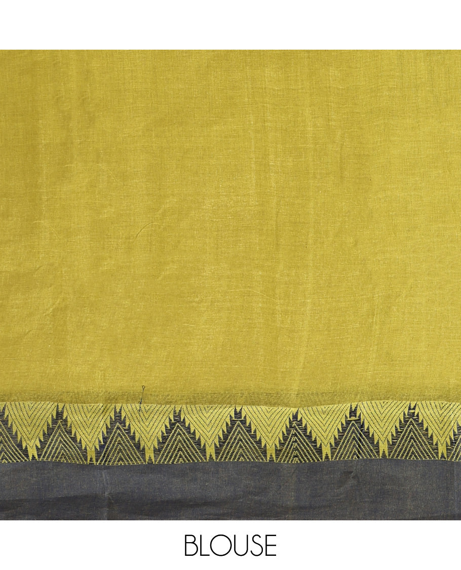 Green Plain Bengal Cotton Saree, Complemented by a Contrast Temple Design Border, Pallu of Buttas and Stripes, and Paired with a Matching Blouse