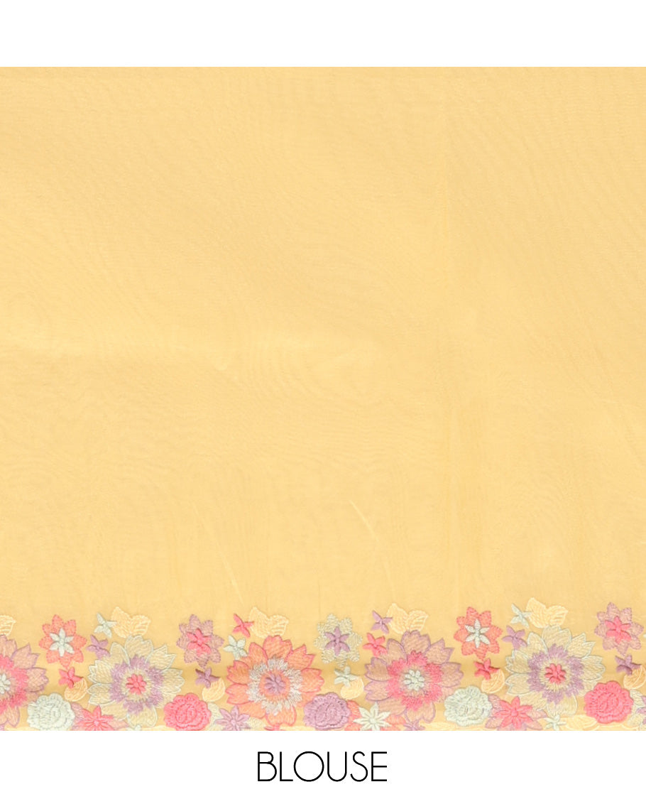 Yellow Plain Organza Saree, a Scallop Tropical Floral Embroidery Border, and a Matching Blouse