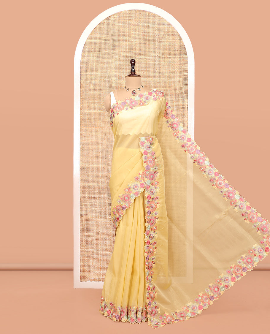 Yellow Plain Organza Saree, a Scallop Tropical Floral Embroidery Border, and a Matching Blouse