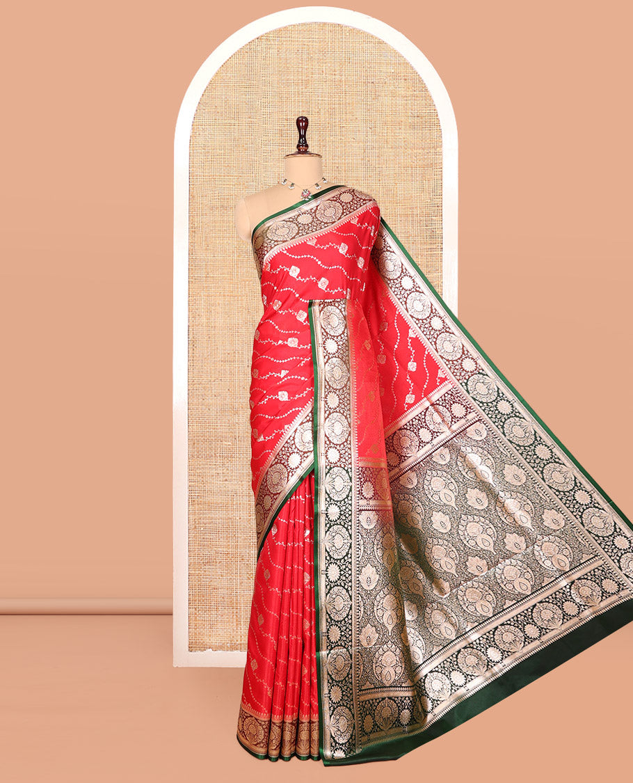 Red Banarasi Nylon Saree, Richly Detailed with Jacquard, a Contrast Floral Creeper Zari Border, Intricate Pallu, and a Contrast Blouse