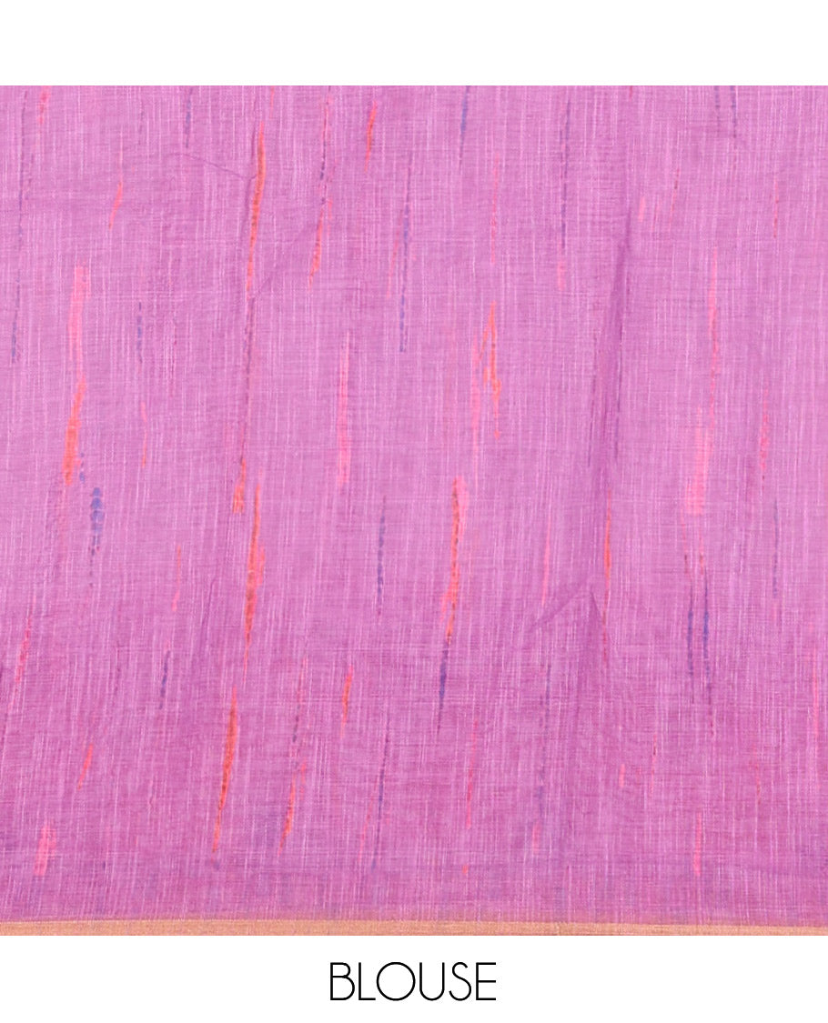 White-Magenta Linen Cotton Saree Features Watercolor Painting-style Shibori Print, Contrast Printed Border, Printed Pallu, and a Contrast Blouse