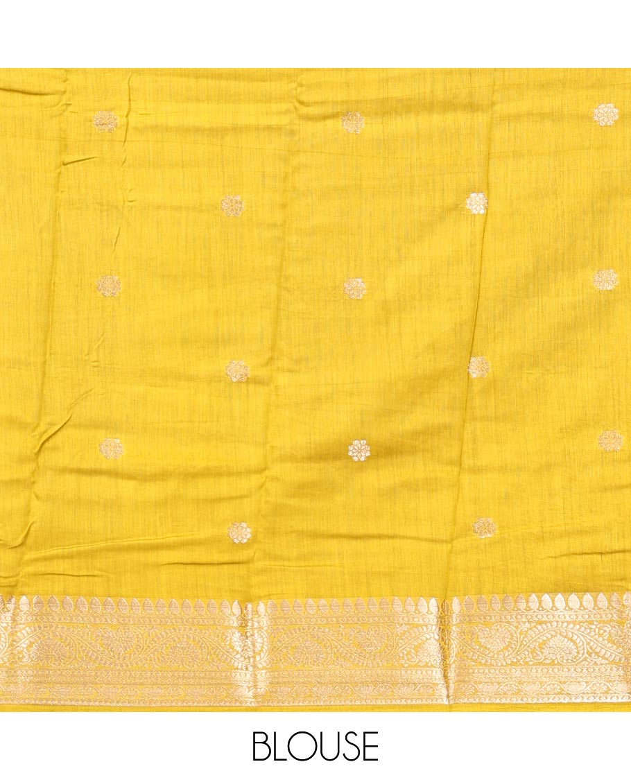 Black Assam Silk Saree, Bedecked with Flower Buttas, Complemented by a Contrast Traditional Border, Zari-Design Pallu, and a Contrast Blouse