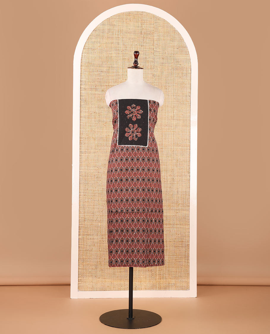 Brown material chudidar set,ajrakh print & neck hakoba embroidery soft cotton top,plain cotton bottom & contrast ajrakh patchwork kota dupatta