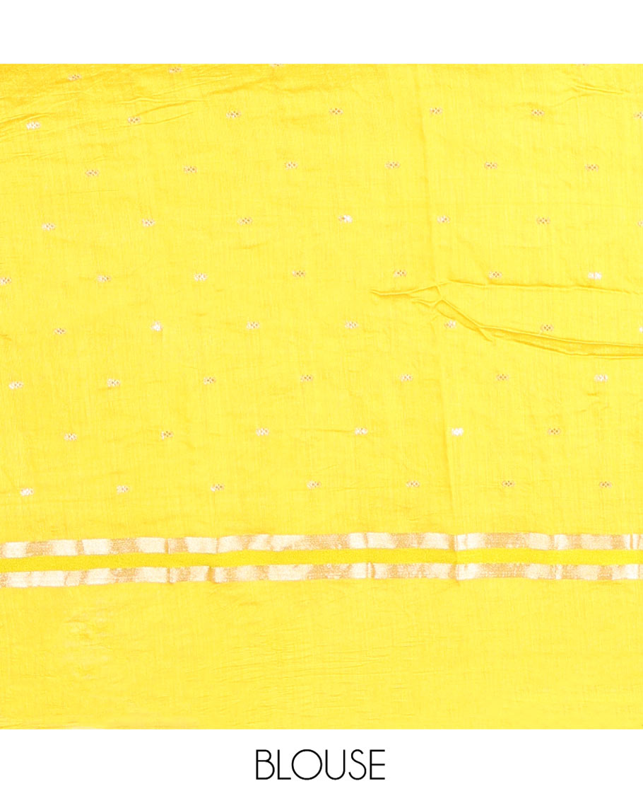 Black Assam Silk Saree, Ornamented with Zari Buttas on Its Body, Complemented by Contrast Zari Striped Border, Pallu Steeped with Gleaming Zari Stripes and Buttas, and Paired with a Contrast Blouse