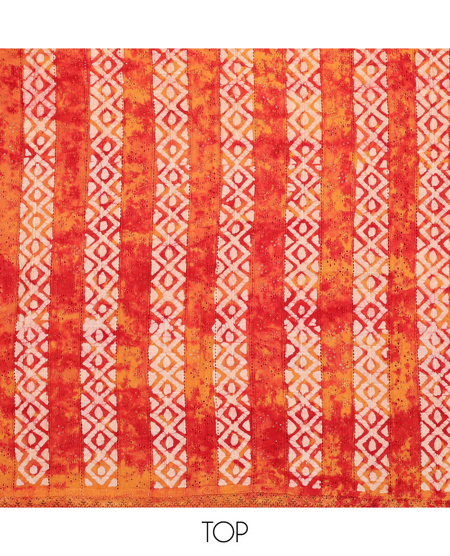 orange chudidhar material set geometric batik printed with embroidery top , batik printed bottom & geometric batik printed dupatta