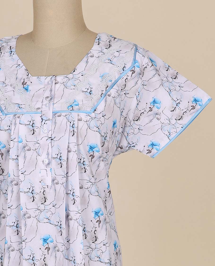 White floral vine printed & square neck cotton half-sleeve nighty