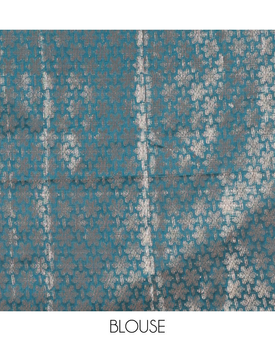 Borderless rama green zari 6-petal flowers, and colorful floral motifs woven fancy tussar saree, jaal pallu, and a matching jacquard blouse