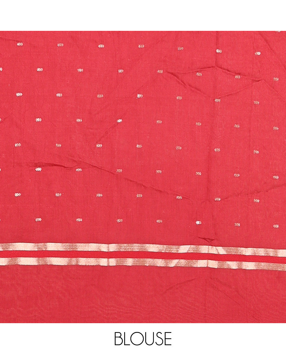 Maroon Assam Silk Saree, Adorned with Buttas on Its Body, Highlighted by a Self-Border of Paithani-Style Floral-Bird Motifs, Zari Striped Pallu, and Paired with a Matching Blouse