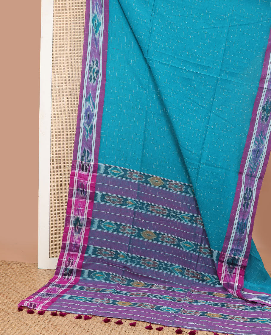 Blue checked design ikkat cotton saree with floral design border & floral design pallu
