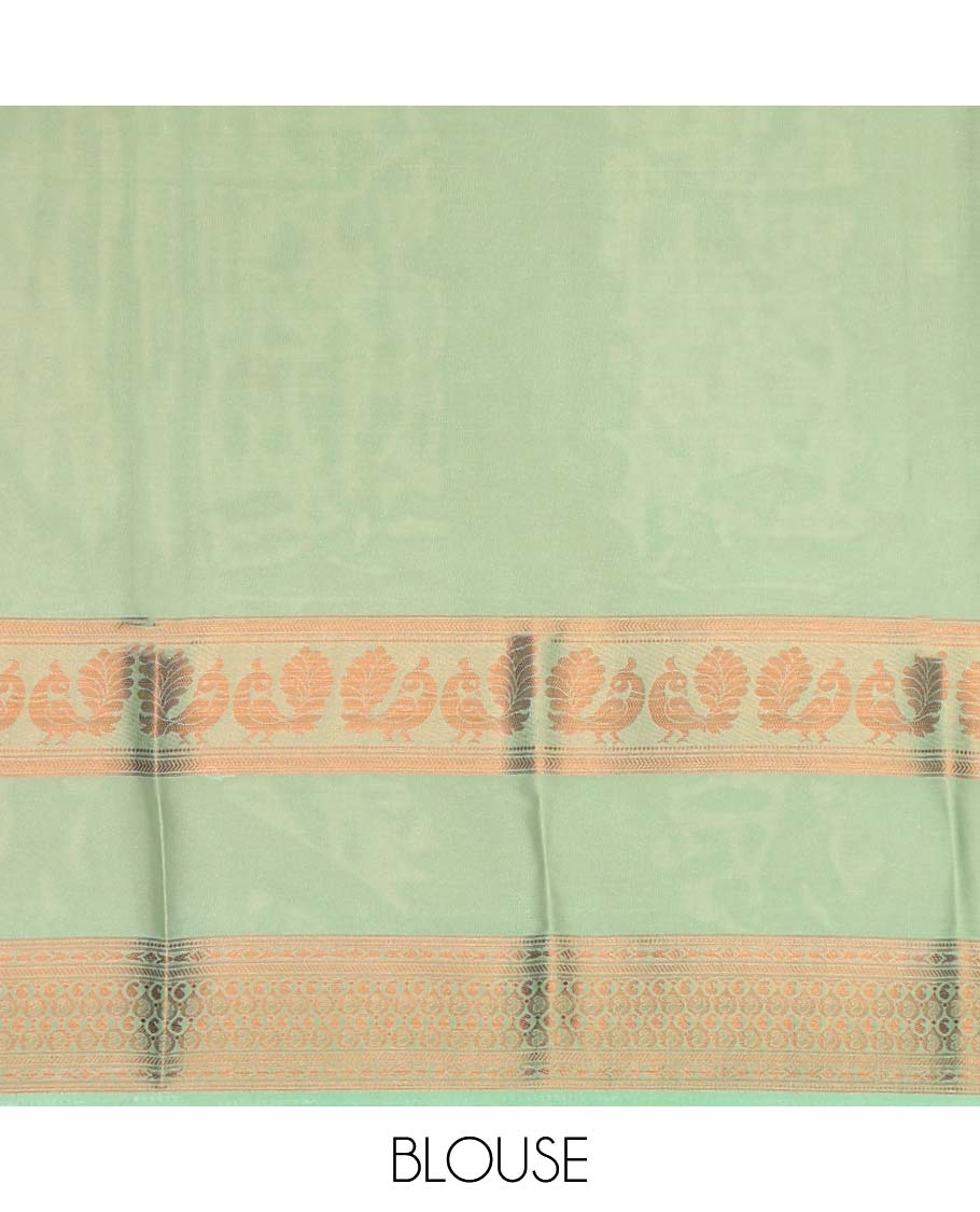 Yellow floral printed semi-banaras printed saree, contrast traditional design border & striped pallu