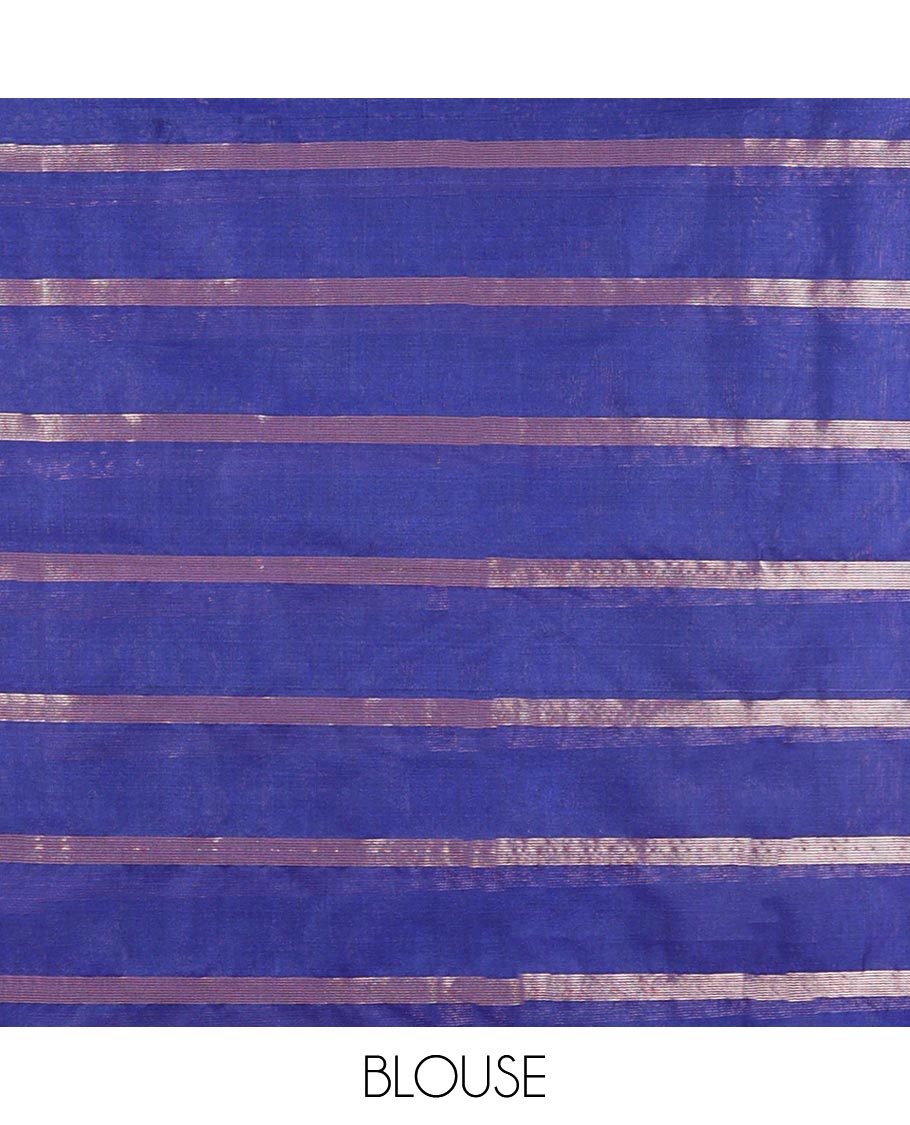 Blue checked, floral motifs silk cotton saree with self border & jaal design pallu