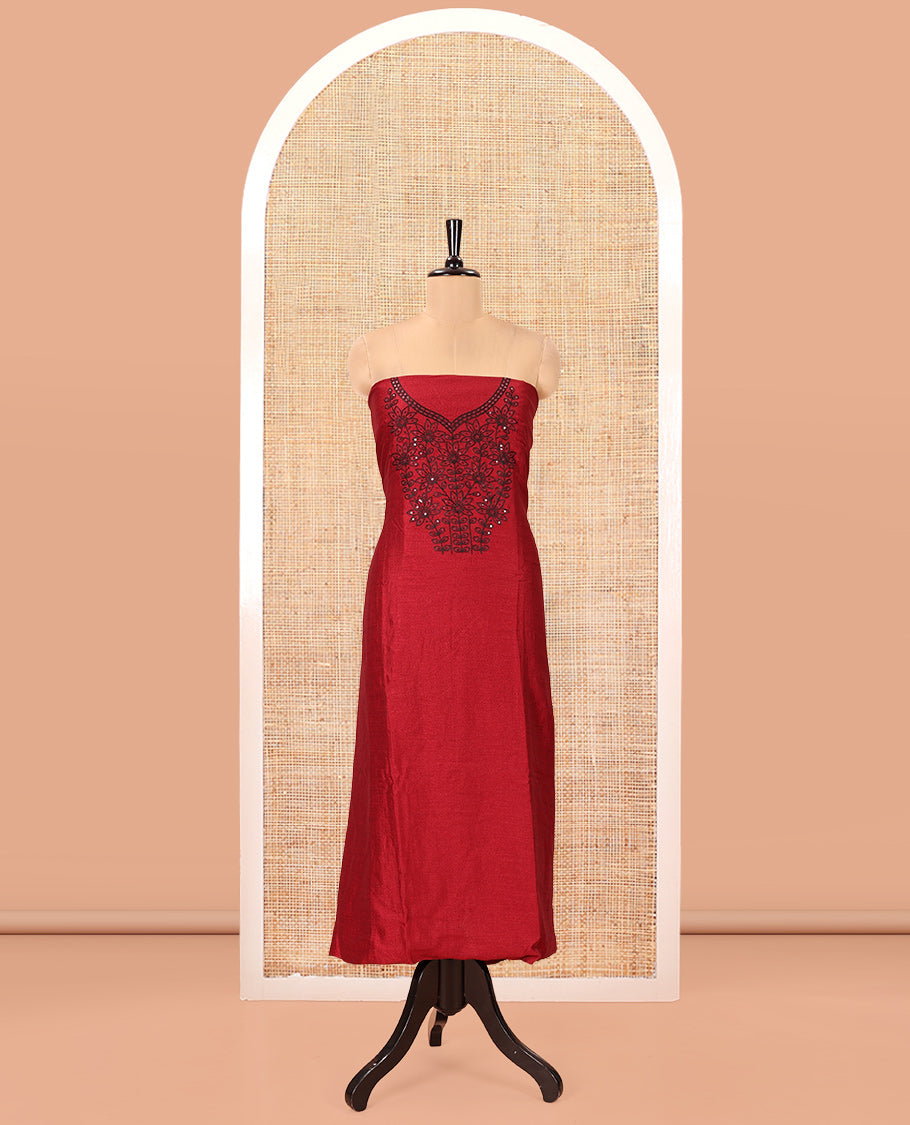 Maroon Vichitra Silk Material Chudidar Set Featuring Sequins-Thread-Embroidered Top, a Santoon Bottom, and Matching Scallop-Embroidery Dupatta