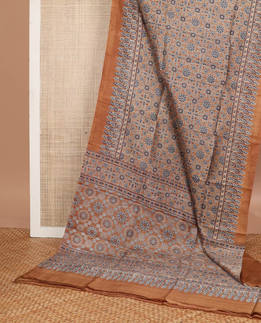 Brown ajrak style floral design printed silk saree with contrast border