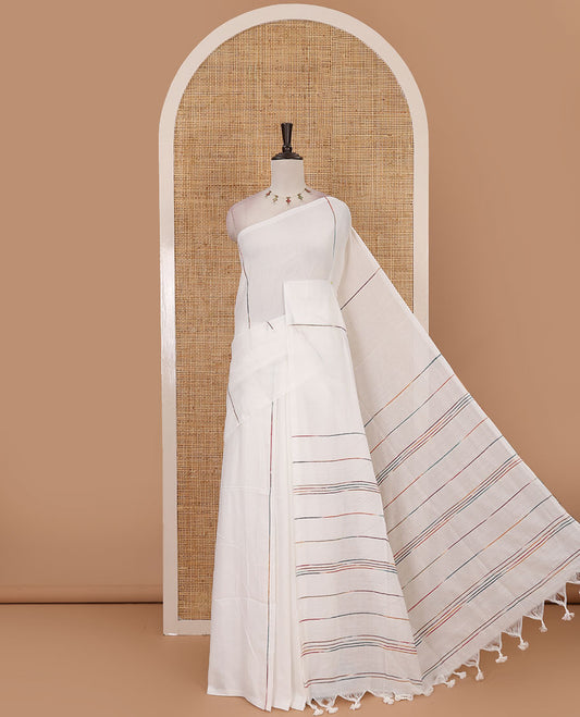 Borderless White vertical multi-color thread striped khadi jute linen saree, striped pallu & matching plain blouse