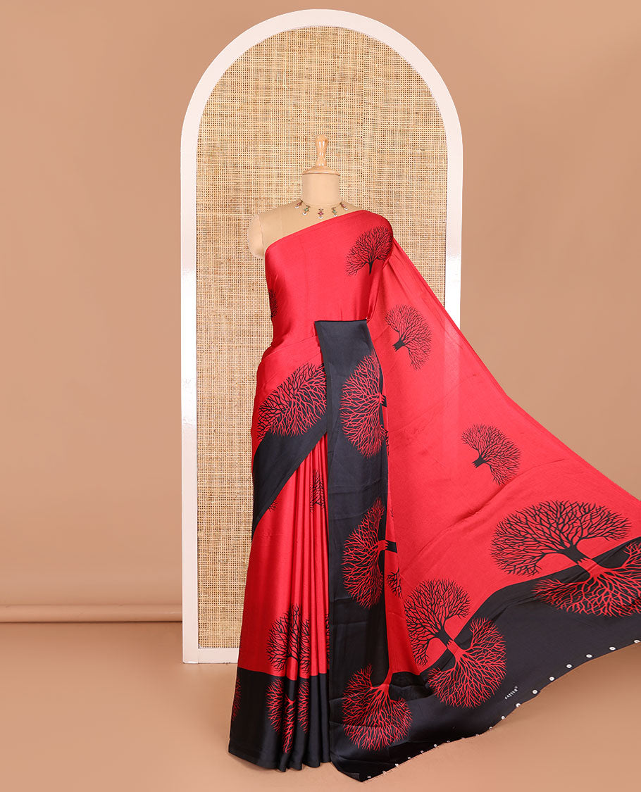 Red tree motifs digitally printed Gajji silk saree with contrast printed border of upside down tree motifs, and contrast printed blouse