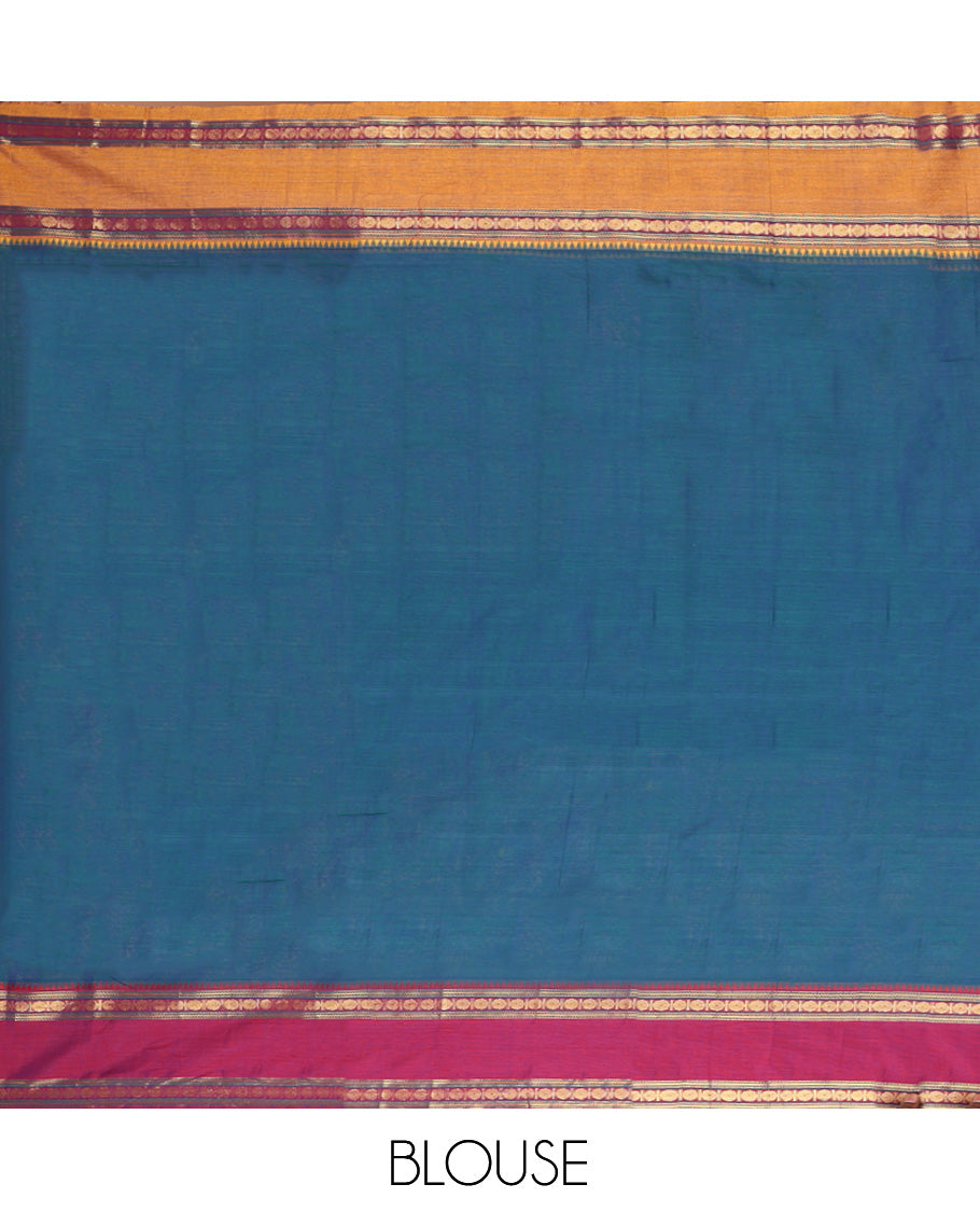 Blue Plain Mercerised Cotton Saree, Contrast Ganga-Jamuna Temple Rudraksha Border, Striped Pallu, and a Matching Blouse