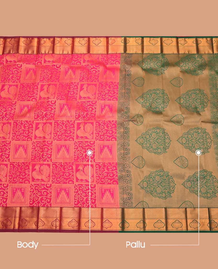 Pink Budget Silk Saree, Dazzled with Jacquard Design, Complemented by a Contrast Zari Border, Grand Pallu, and a Contrast Blouse