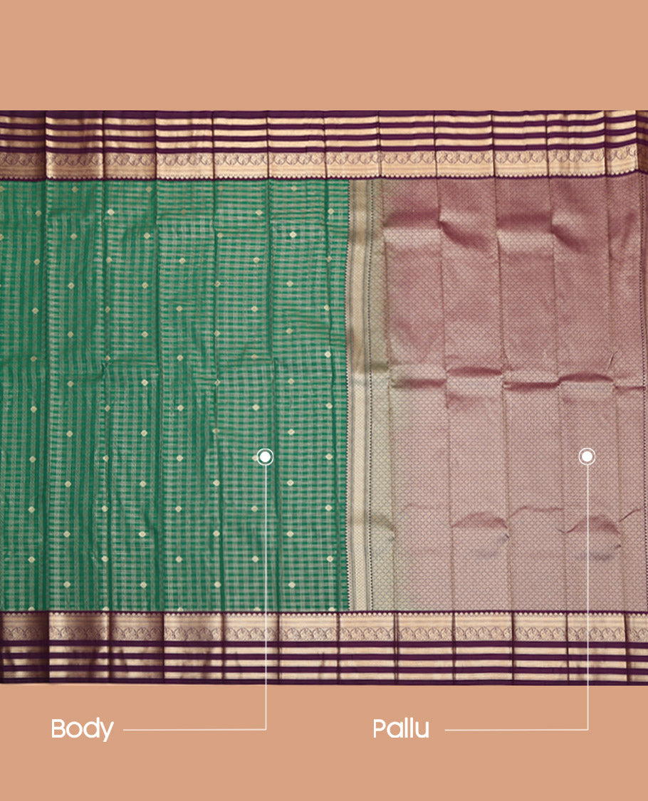 Green Budget Silk Saree, Enriched with Zari Buttas and Checks, Captivating Contrast Traditional Zari Design Border, Grand Jaal Pallu, and a Contrast Blouse
