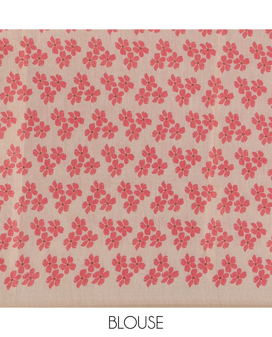 Borderless cream printed onam tissue silk saree features pink color five-petal flower & leaf motifs print, matching floral print blouse