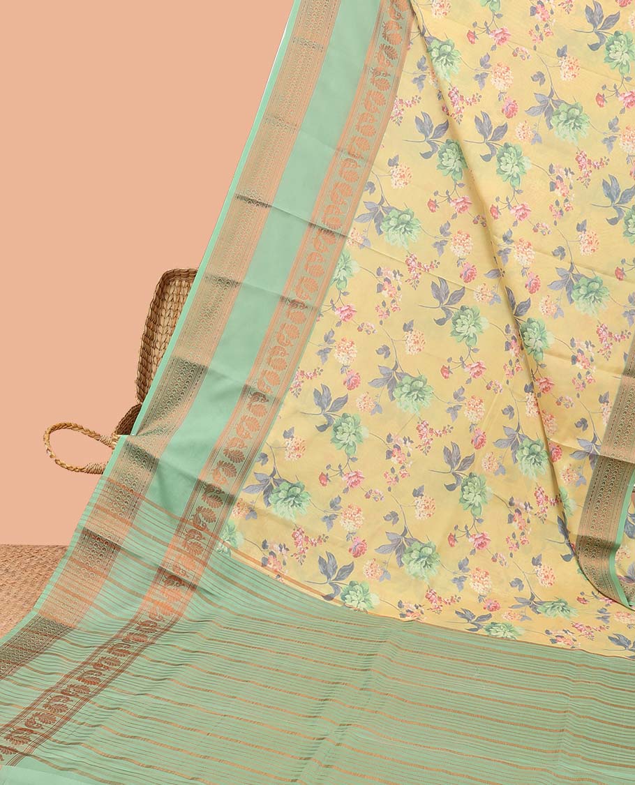 Yellow floral printed semi-banaras printed saree, contrast traditional design border & striped pallu