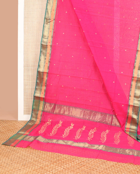Pink  motifs chanderi cotton saree with contrast zari design border & striped, floral design pallu