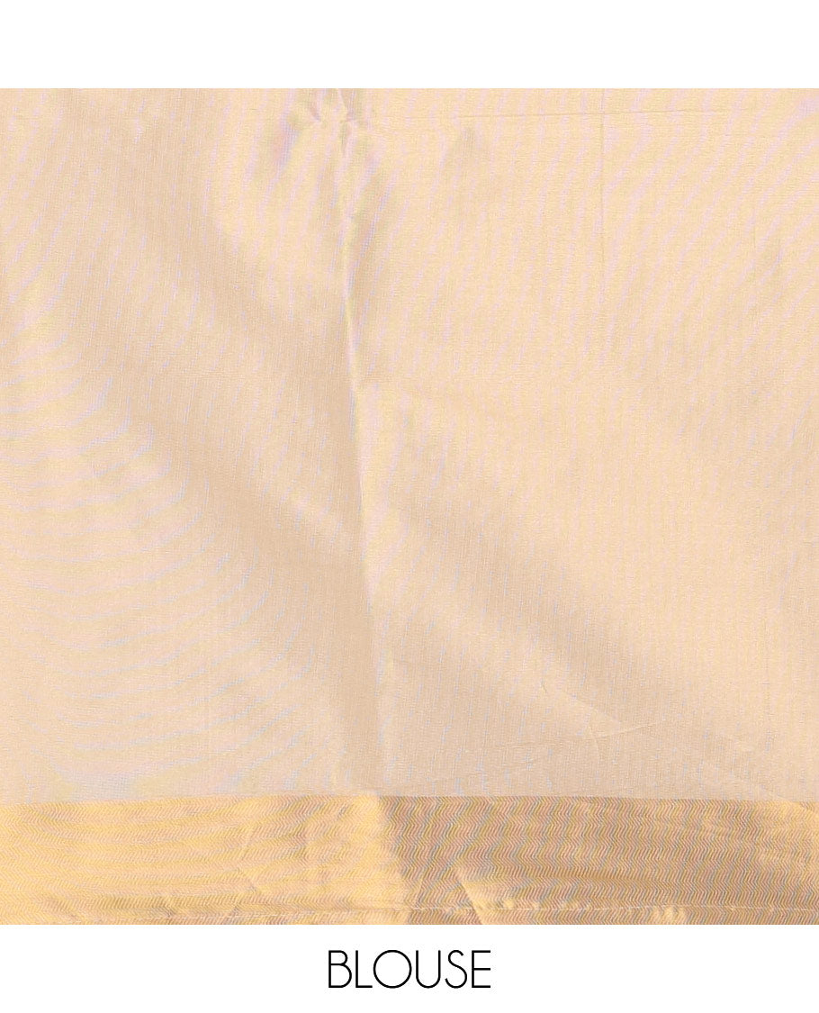 Cream golden zari striped banarasi tissue saree, zari vanki border & pallu of small black polka dot designs, plain blouse