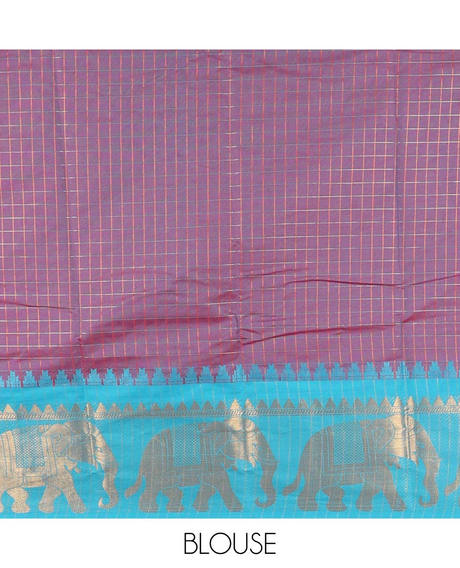 Rani pink zari checked design dola silk saree with contrast elephant design border & chit pallu along with checked design blouse