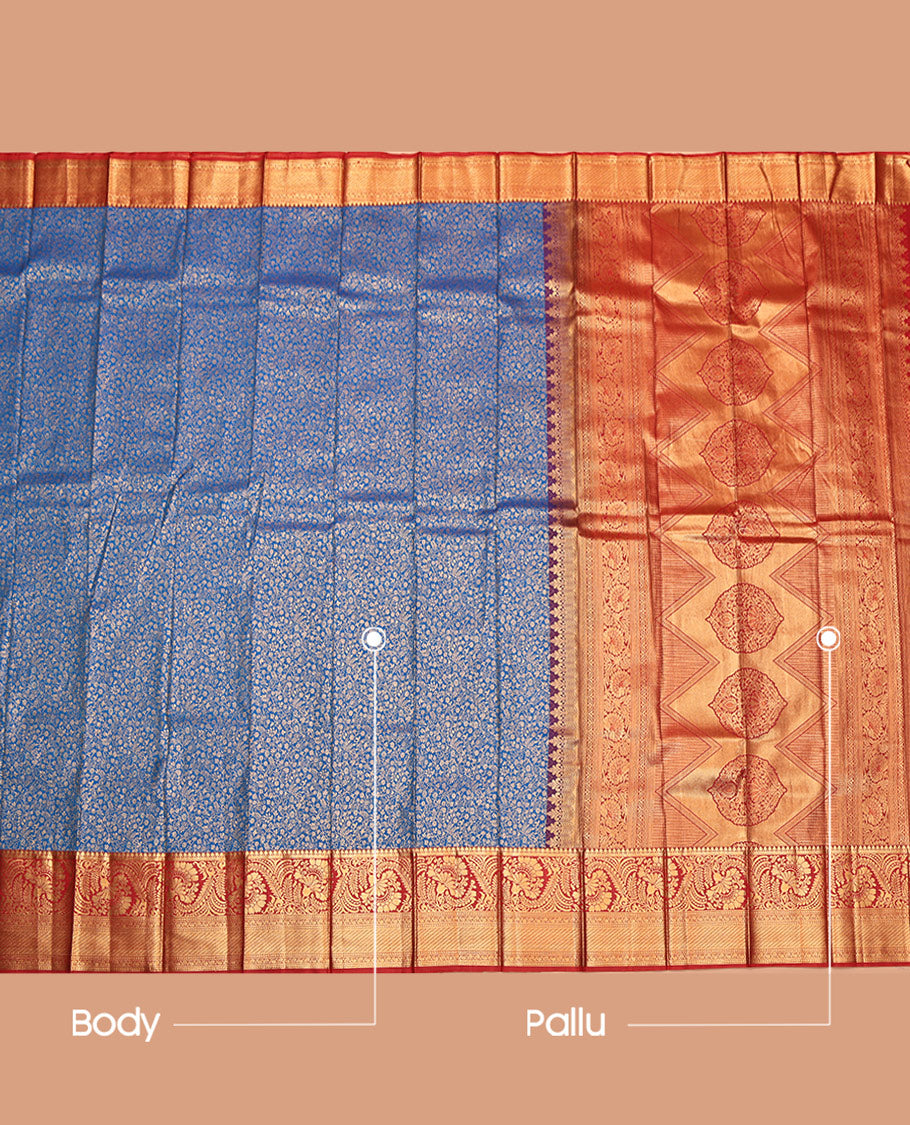 Blue Budget Silk Saree, Highlighted with Zari Buttas and Checks, Complemented by Contrast Traditional Zari Border, Intricate Pallu, and Contrast Blouse