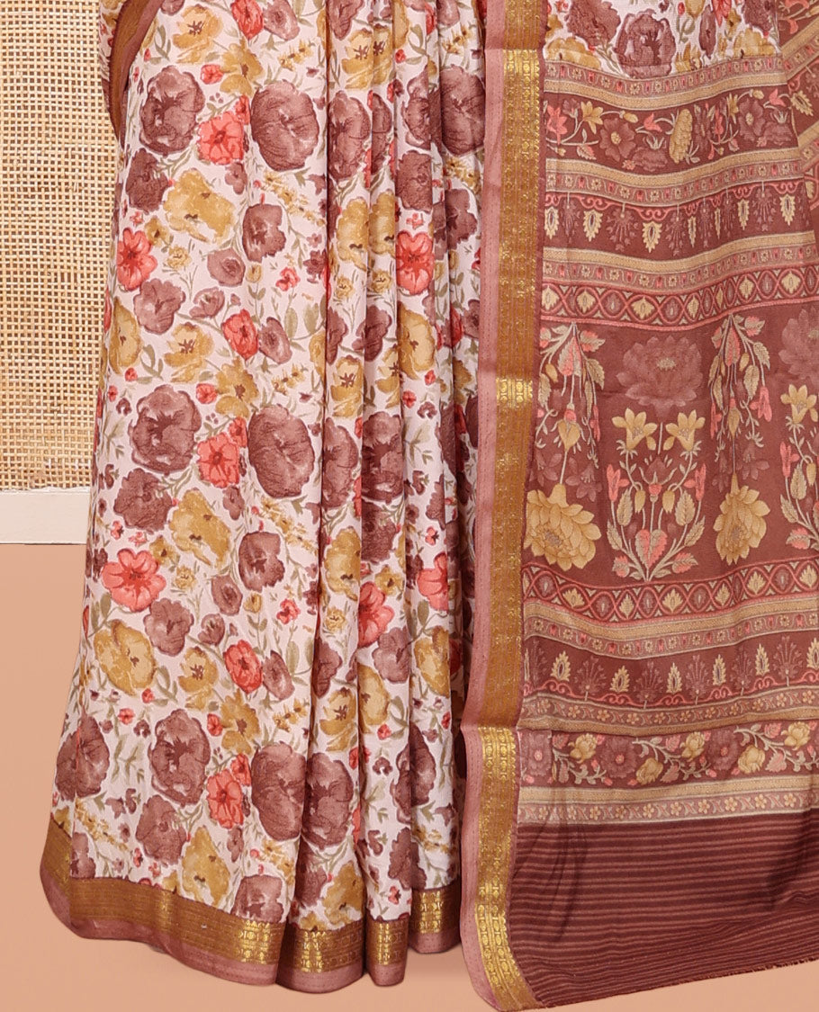 Off White Printed Silk Saree, Adorned with Floral-Vine Print, a Contrast Traditional Zari Border, Floral Pallu, and a Contrast Blouse